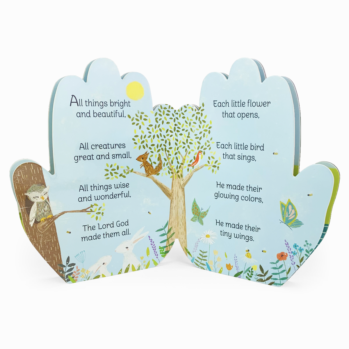 Children's book with illustrations of animals and nature on a white background