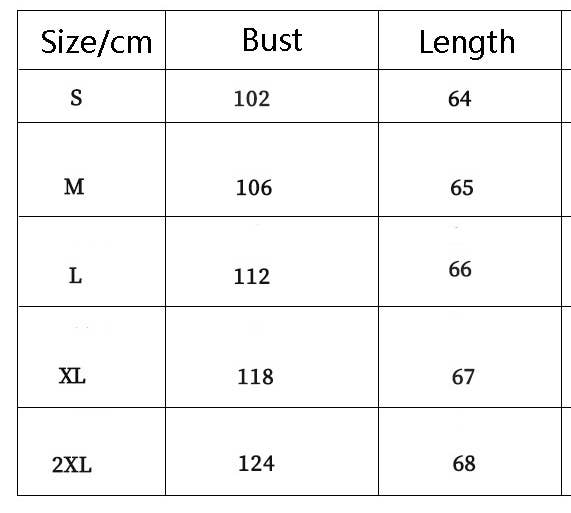 A size chart table with columns labeled Size/cm, Bust, and Length, showing measurements for S, M, L, XL, and 2XL.