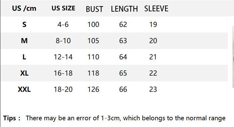 Size chart for clothing with US size, bust, length, and sleeve measurements.