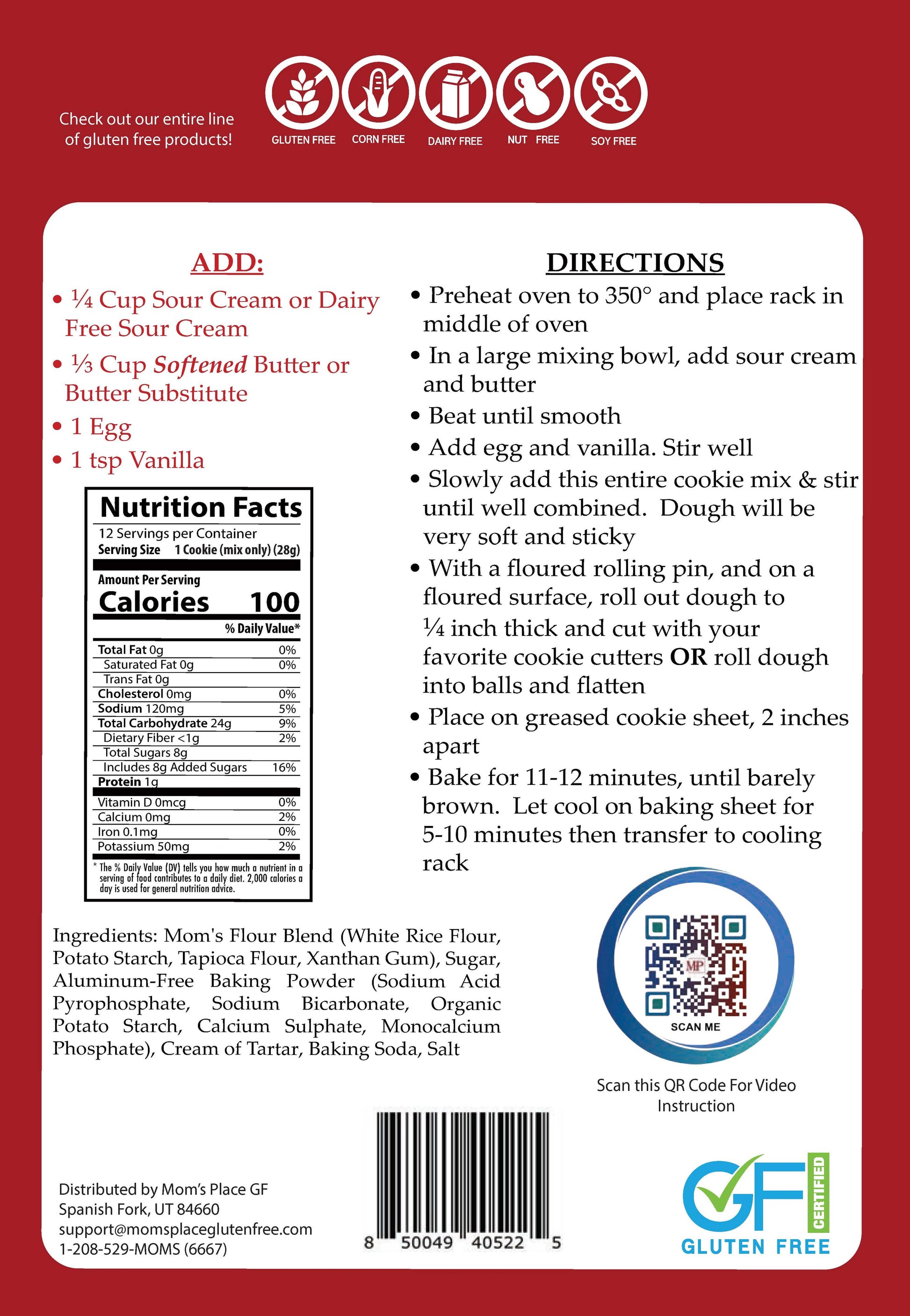 Back of a food package with nutrition facts, directions, and QR code on a red background