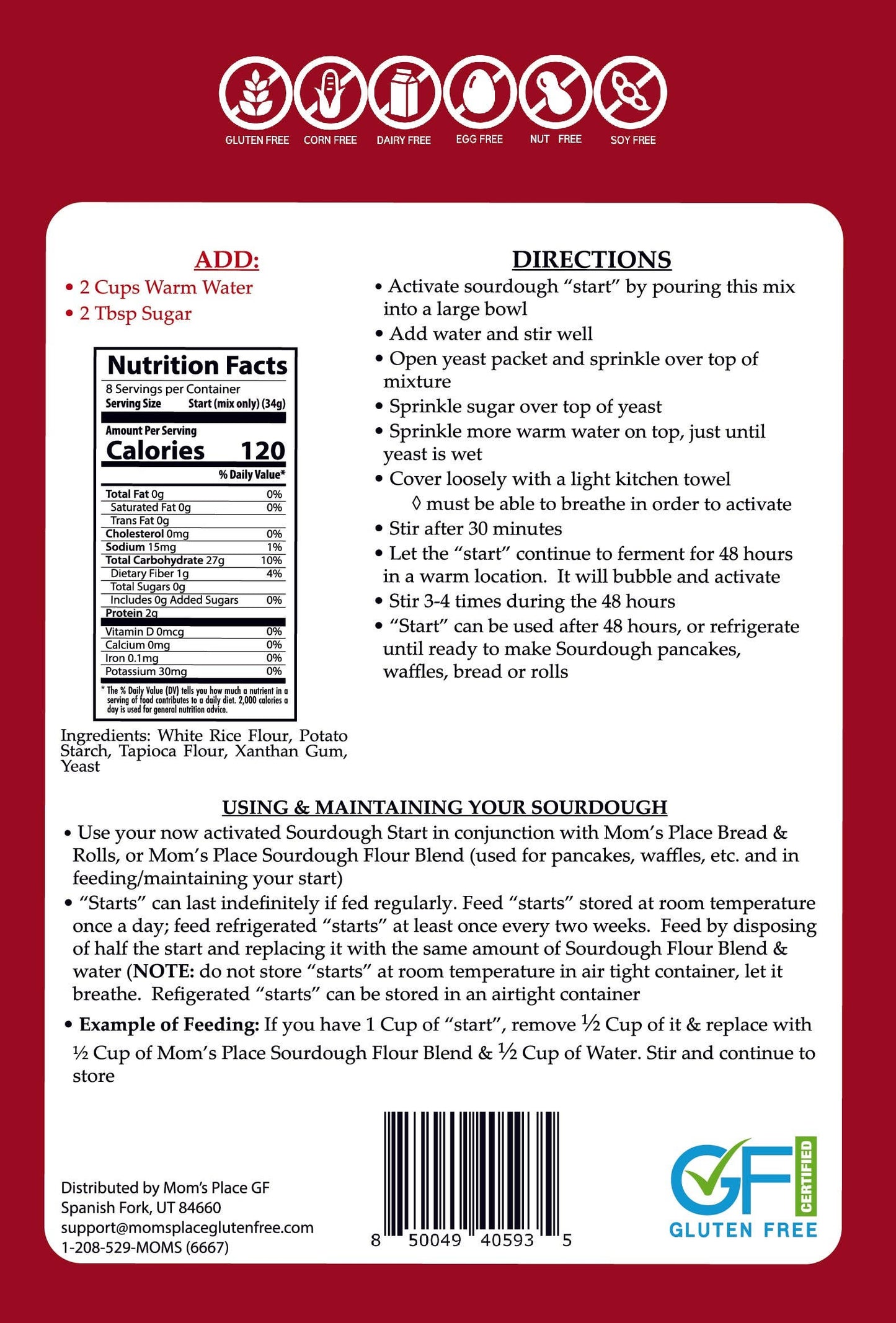 Back of a sourdough starter kit packaging with directions, nutrition facts, and branding.