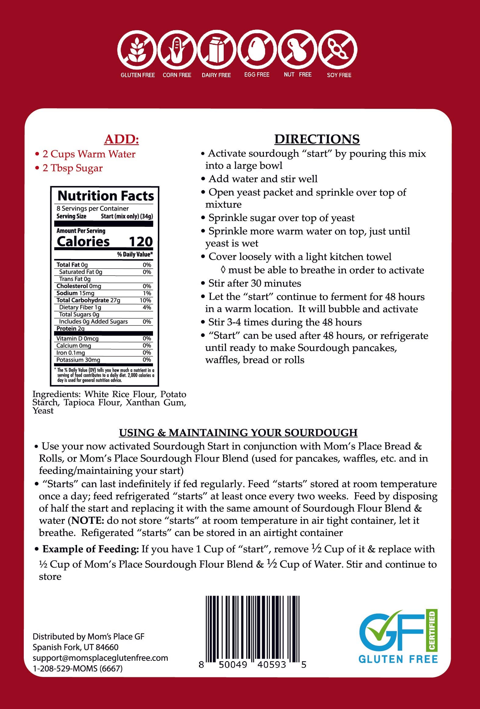 Back of a sourdough starter kit packaging with directions, nutrition facts, and branding.