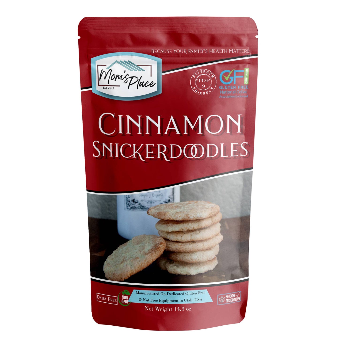 Packaging of Cinnamon Snickerdoodles by Mom's Place on a white background