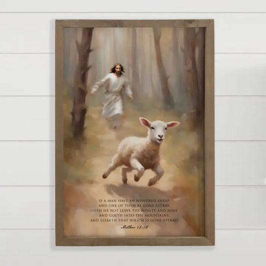 Framed artwork of a man running with a lamb in a forest setting, featuring a biblical verse.
