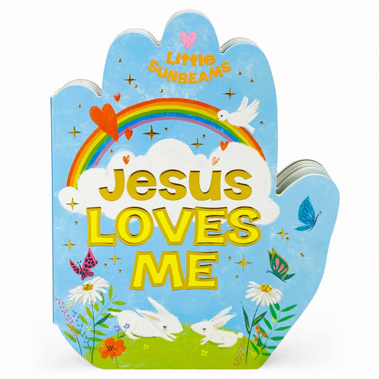 Children's book cover with 'Jesus Loves Me' text, rainbow, and cartoon elements on a blue background.