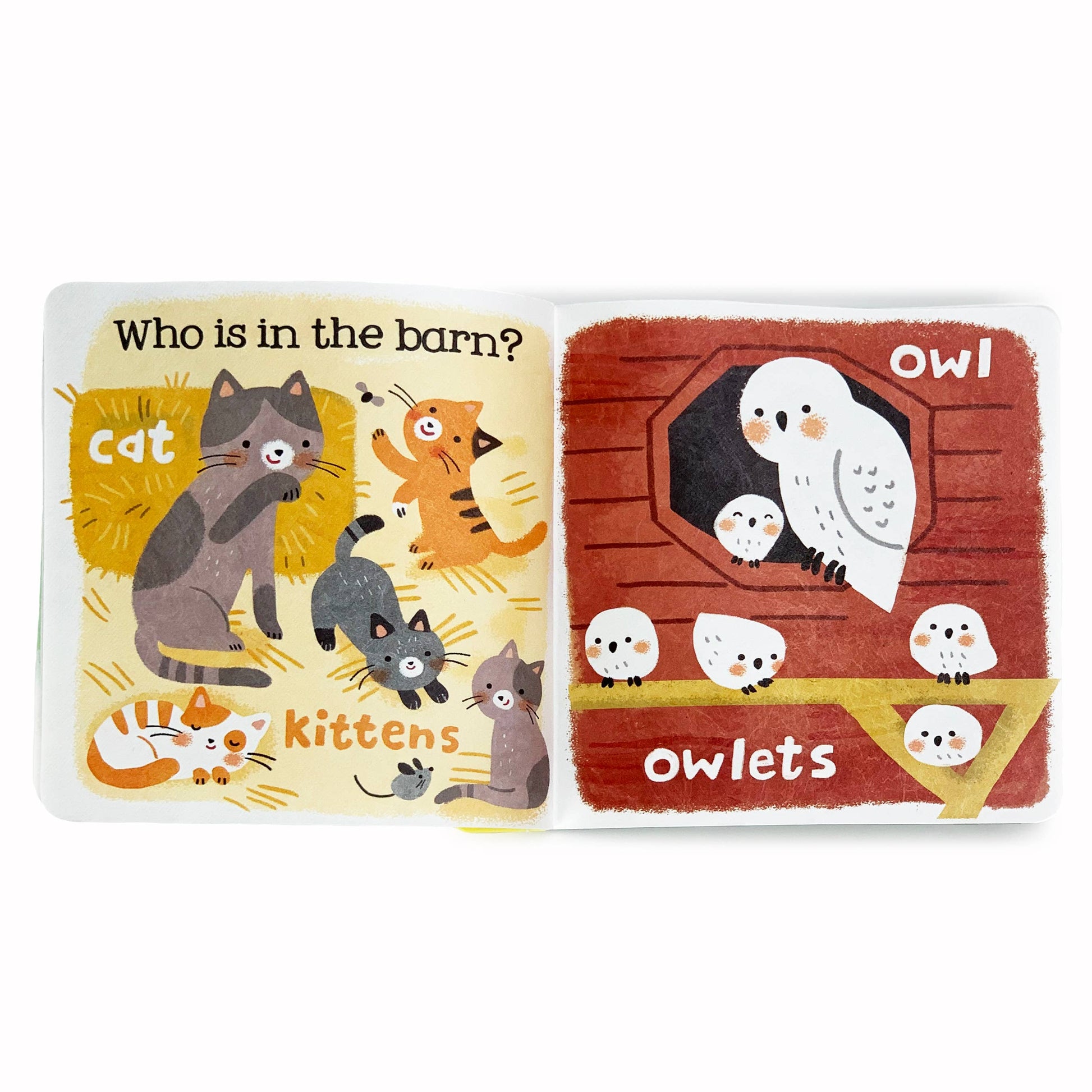 Children's book with illustrations of cats, kittens, and owls on a white background