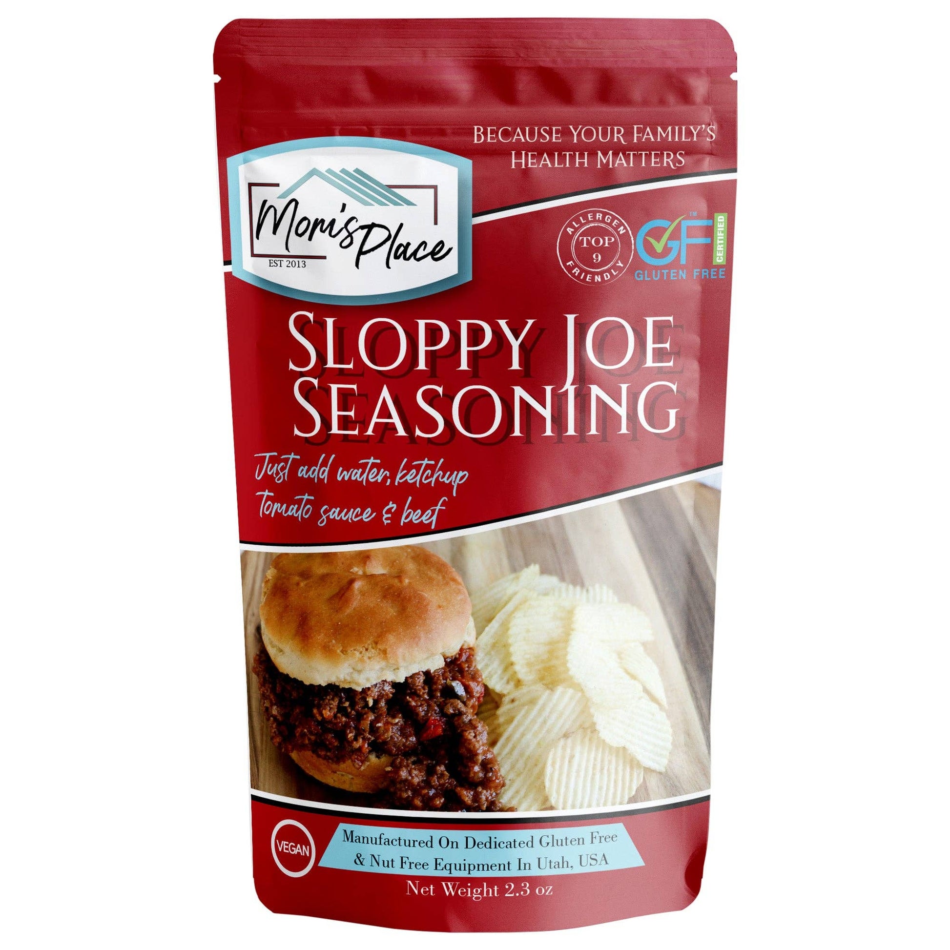 Mom's Place Sloppy Joe Seasoning package on a white background