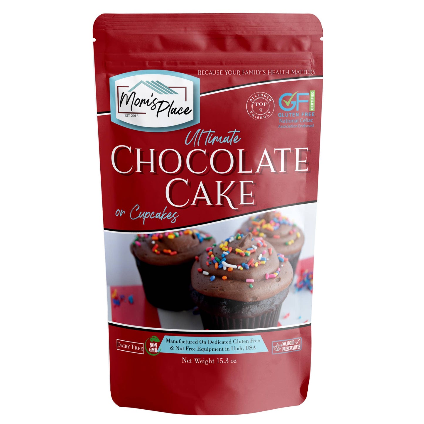 Red package of Morin's Place Ultimate Chocolate Cake mix with cupcakes on a white background