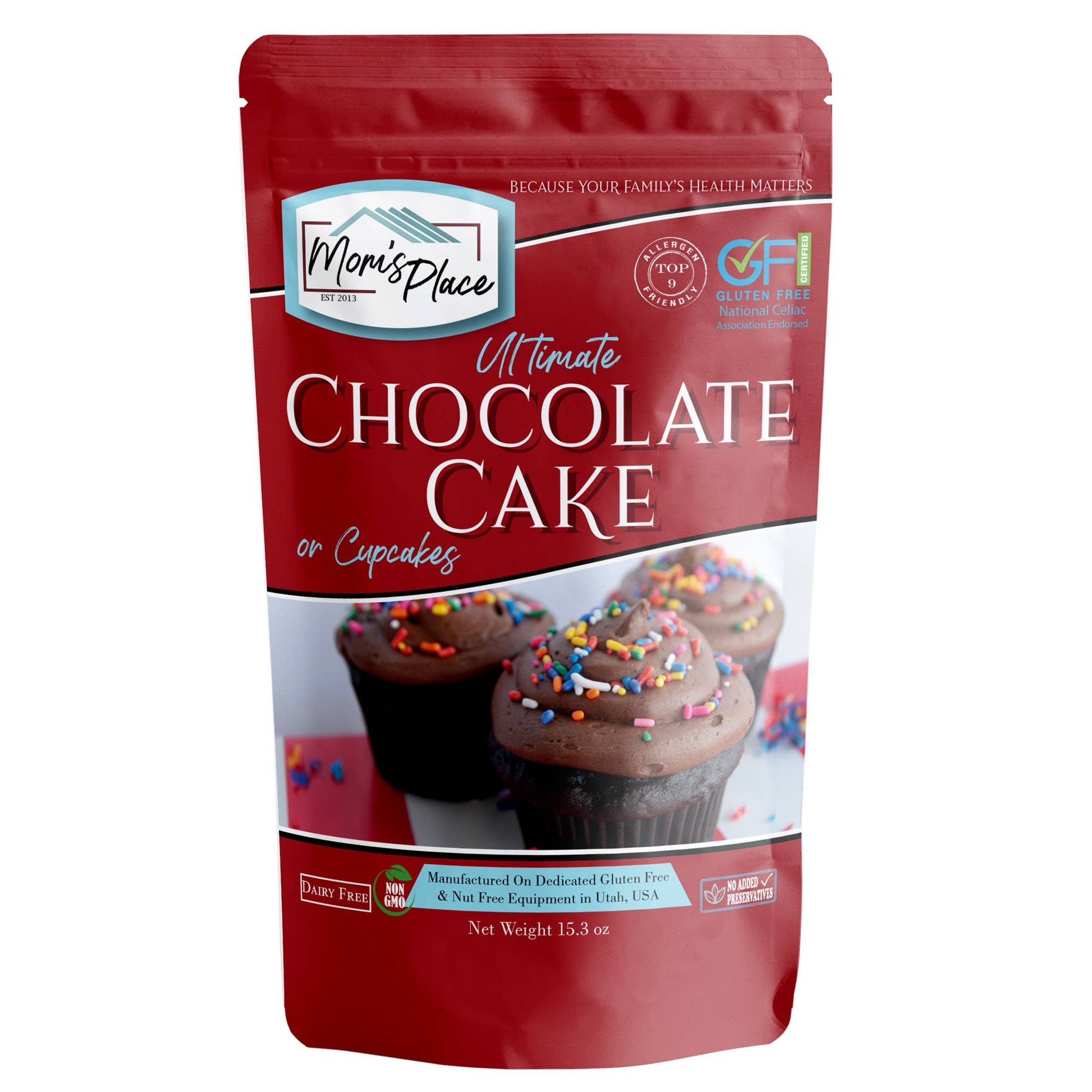 Red package of Morin's Place Ultimate Chocolate Cake mix with cupcakes on a white background