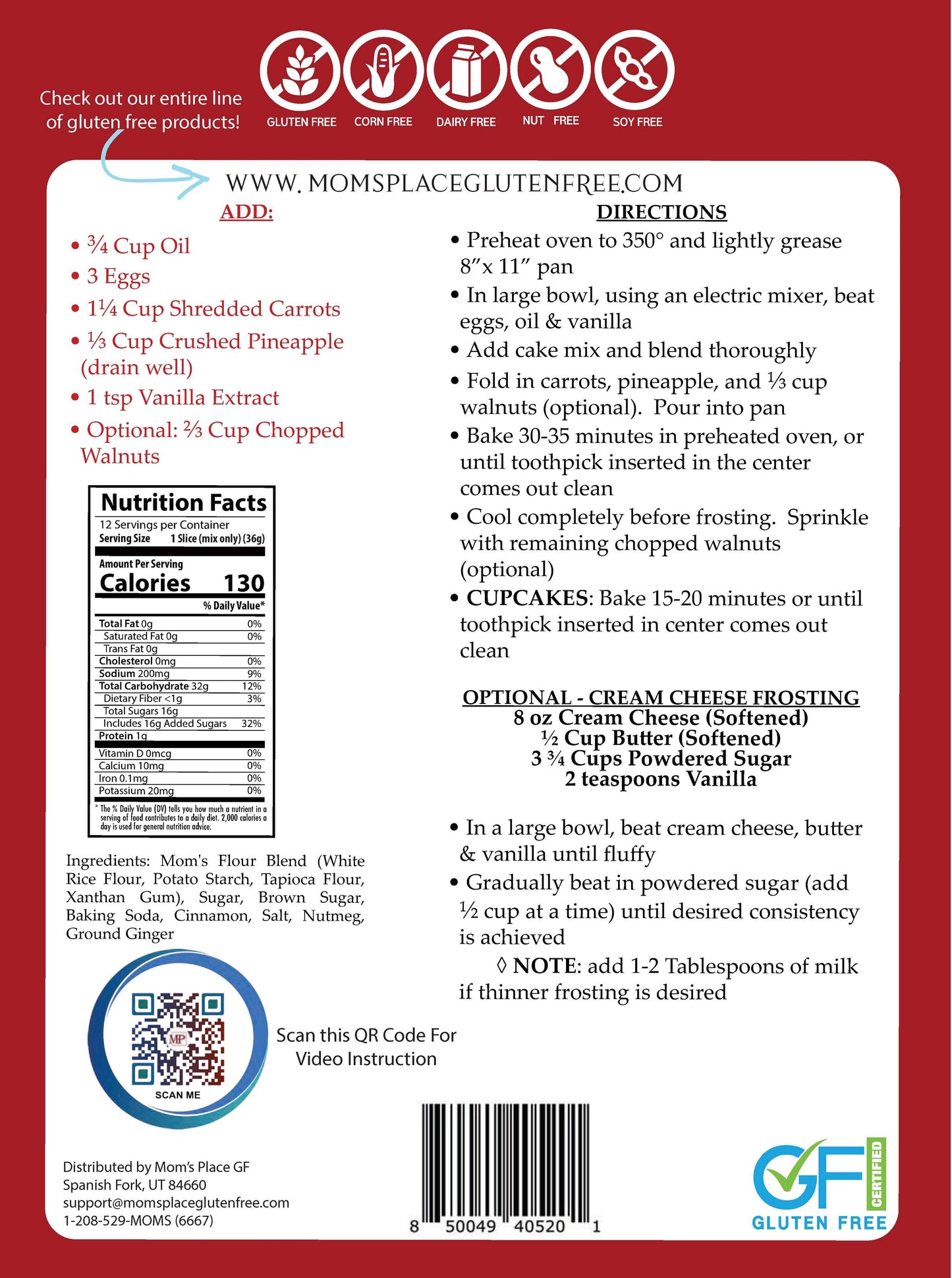 Back of a gluten-free product packaging with recipe directions, nutrition facts, and branding.