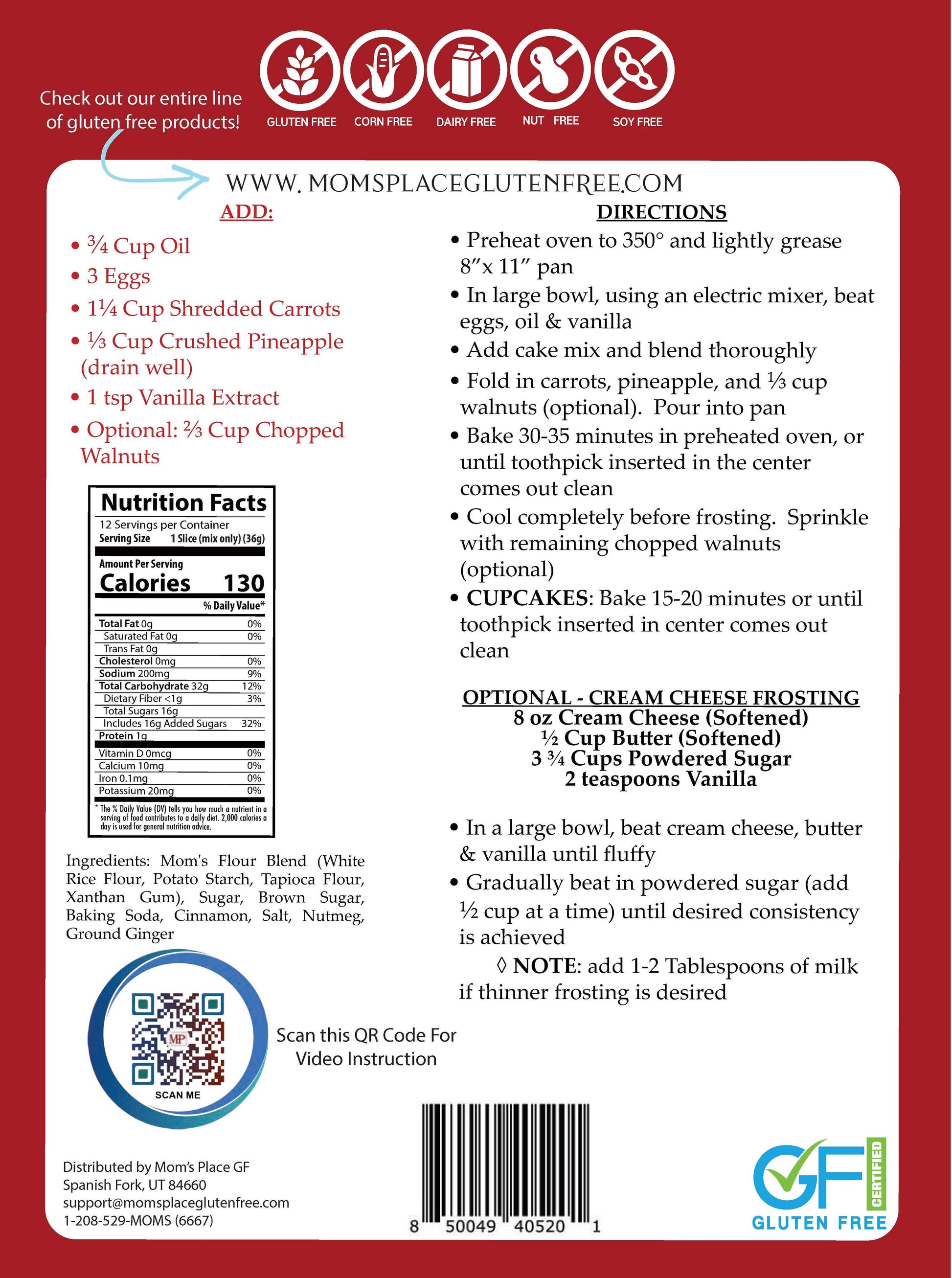 Back of a gluten-free product packaging with recipe directions, nutrition facts, and branding.