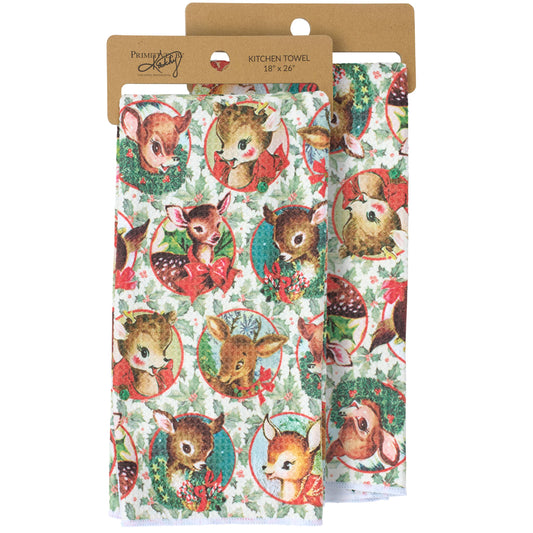 Packaged kitchen towel with deer and floral pattern on a white background