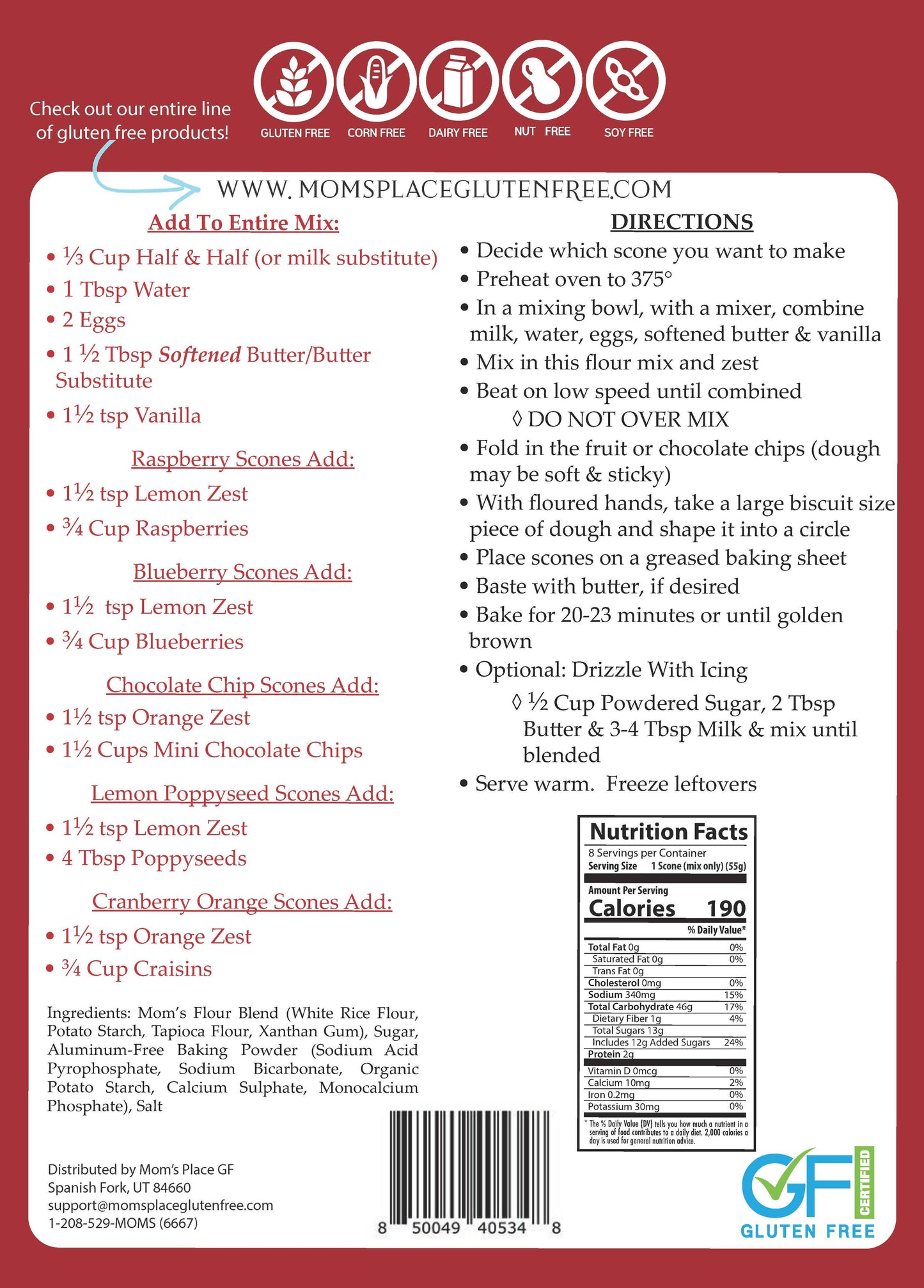 Back of a gluten-free product packaging with directions, ingredients, and nutrition facts.