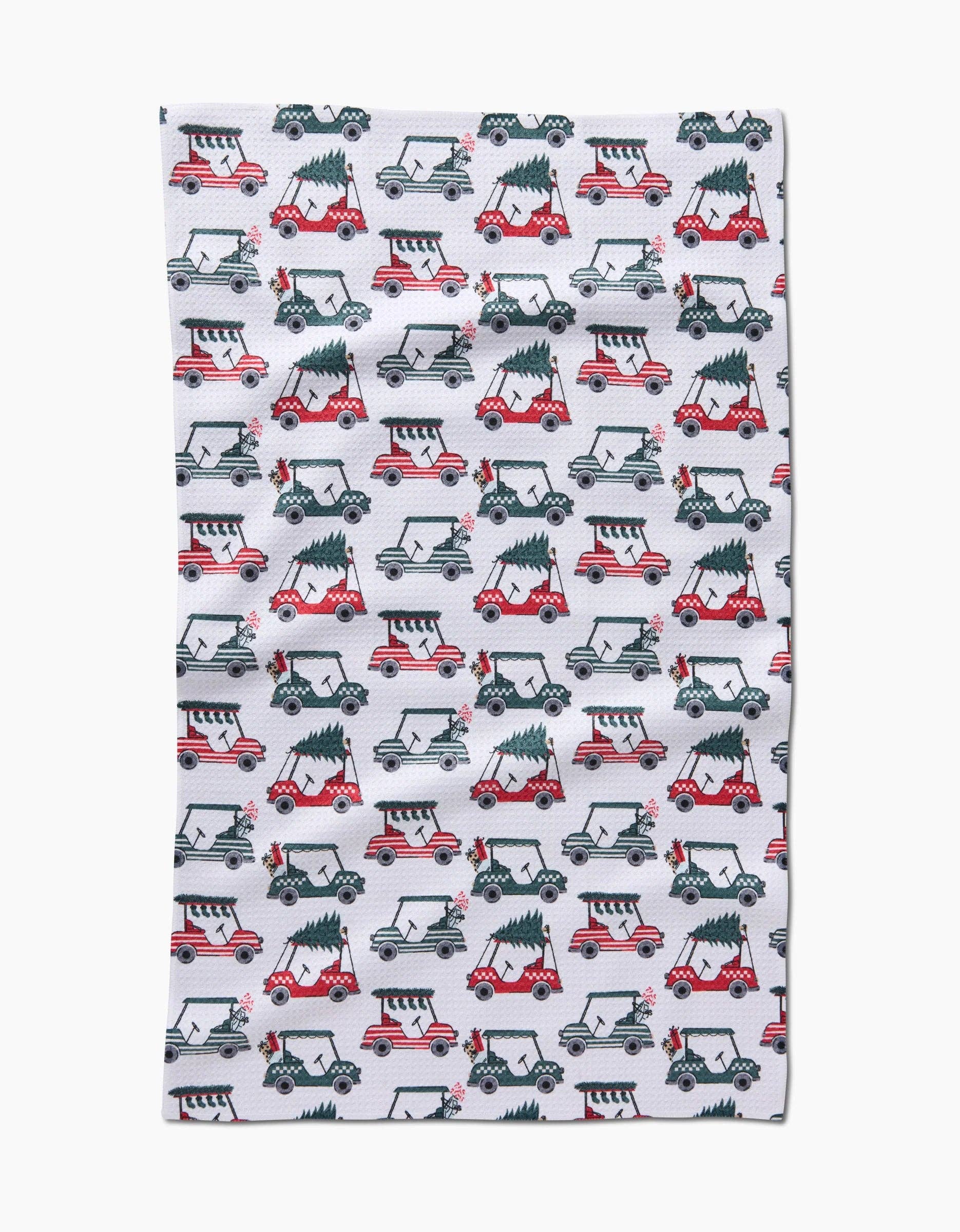Geometry Tea towel with golf cart pattern on a white background
