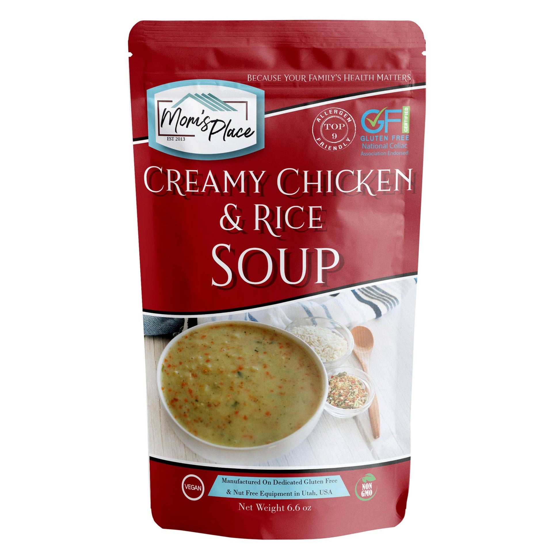 Mom's Place Creamy Chicken & Rice Soup package on a white background