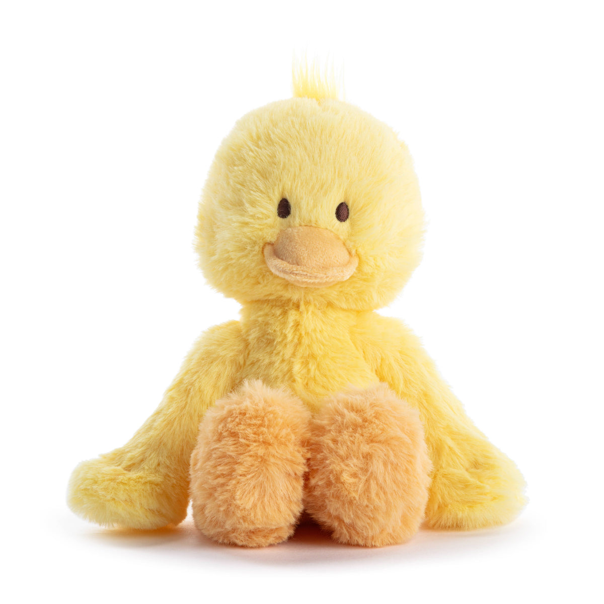 Yellow plush duck toy on a white background