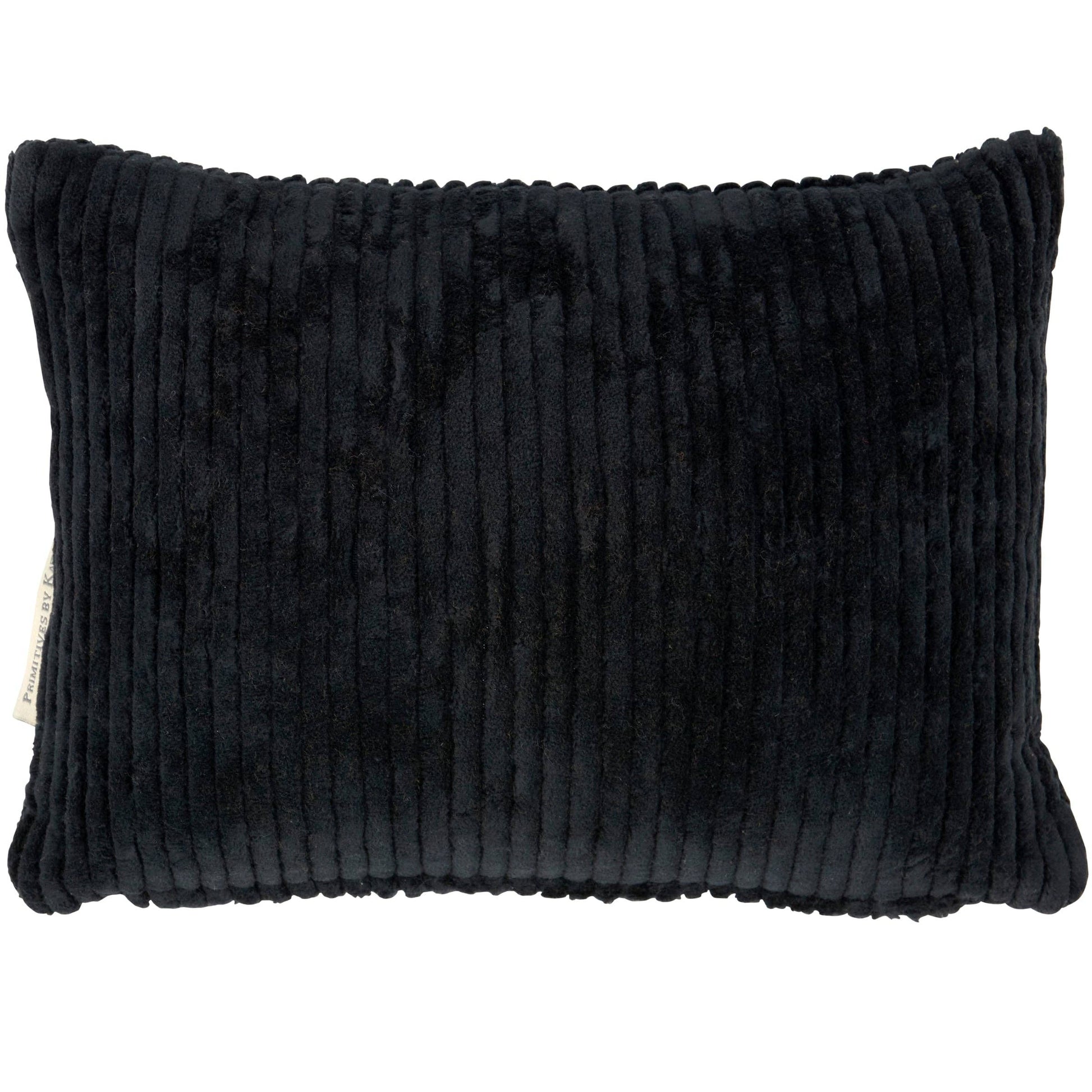 A black ribbed corduroy lumbar pillow with a plush, velvety texture, shown against a plain white background.