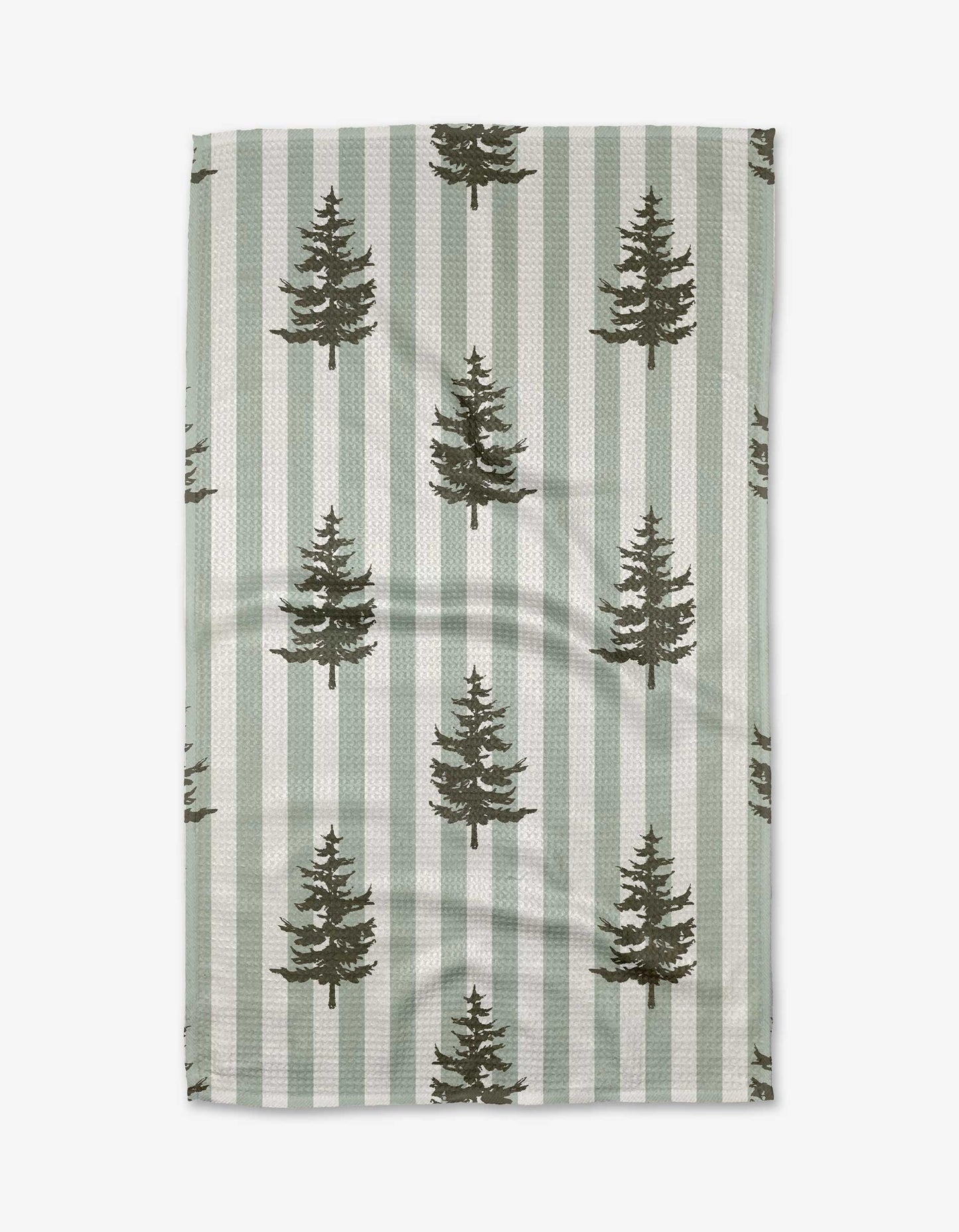 Geometry Tea Towel Fabric with green tree pattern on a striped background