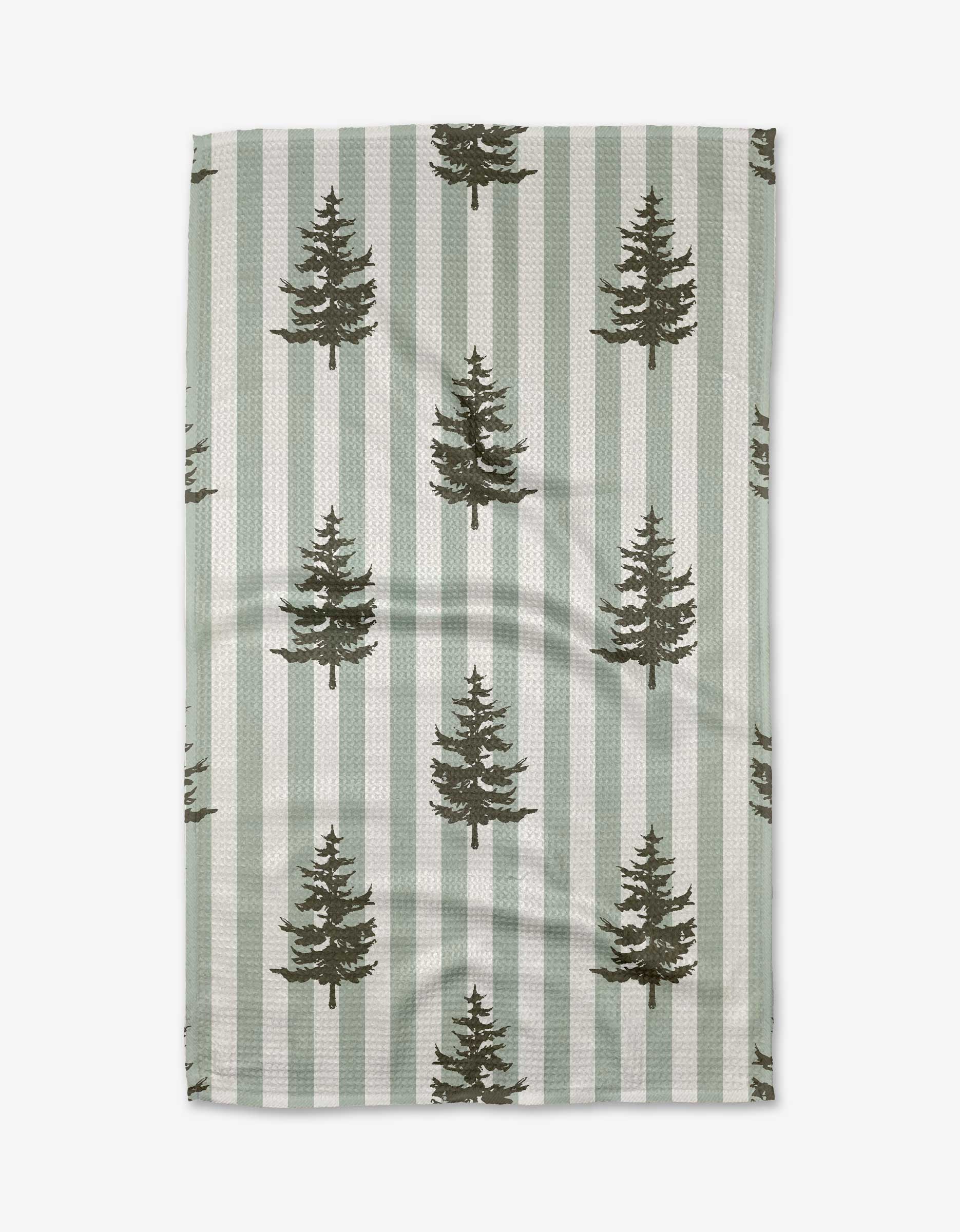 Geometry Tea Towel Fabric with green tree pattern on a striped background