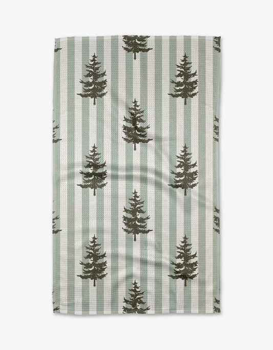 Geometry Tea Towel Fabric with green tree pattern on a striped background