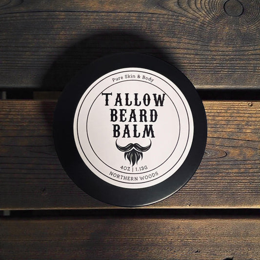 Tallow Beard Balm container on a wooden surface