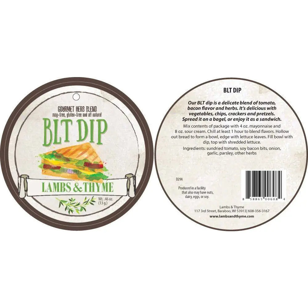 Two labels for 'BLT Dip' by Lambs & Thyme on a white background