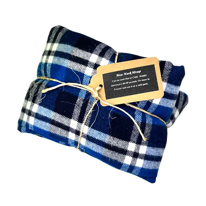 Blue and black plaid rice neck wrap with a label on a white background