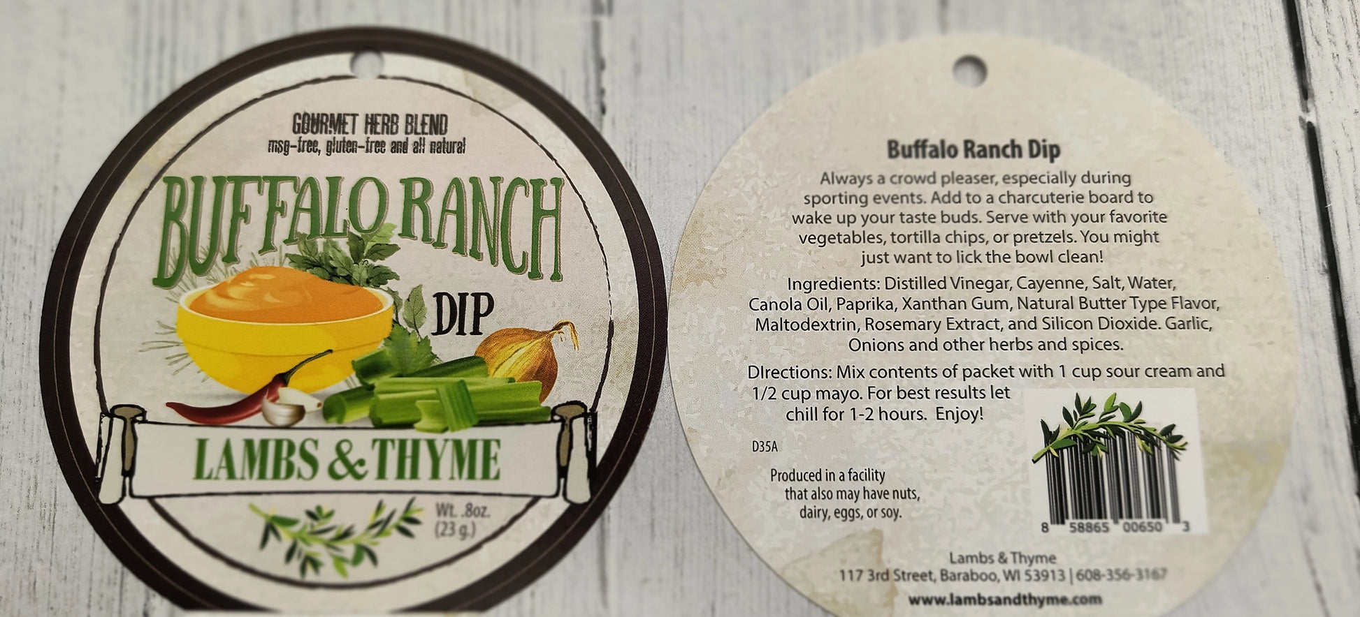 Lambs & Thyme Buffalo Ranch Dip label on a wooden surface