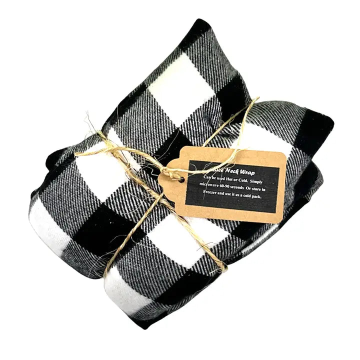 Black and white checkered flannel neck wrap with a tag on a white background
