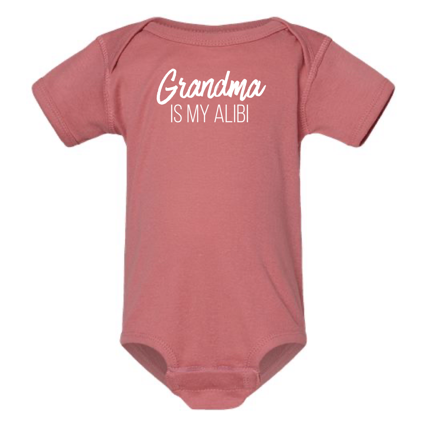 Pink baby onesie with 'Grandma is my alibi' text on a white background