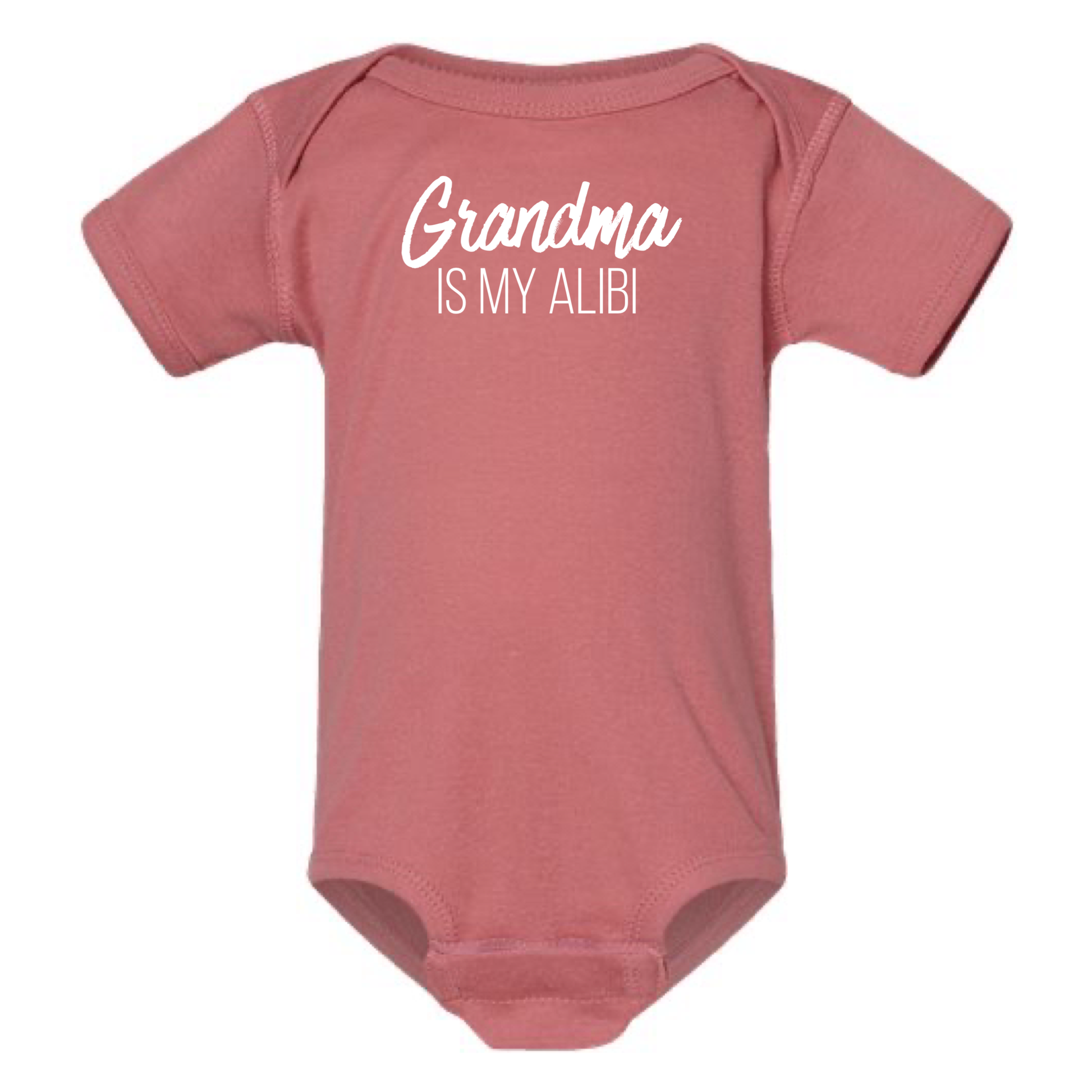 Pink baby onesie with 'Grandma is my alibi' text on a white background
