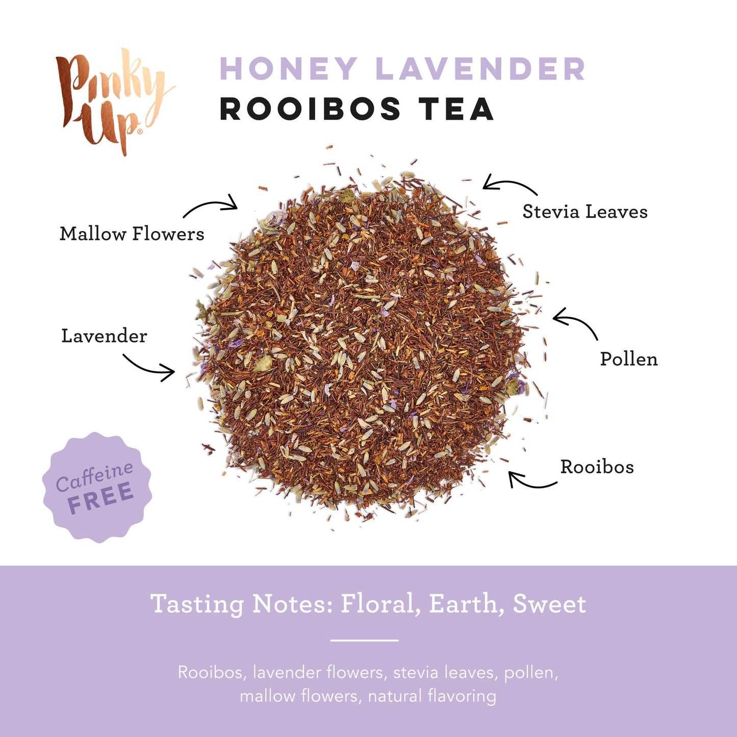 Honey Lavender Rooibos Tea with ingredients labeled on a white background