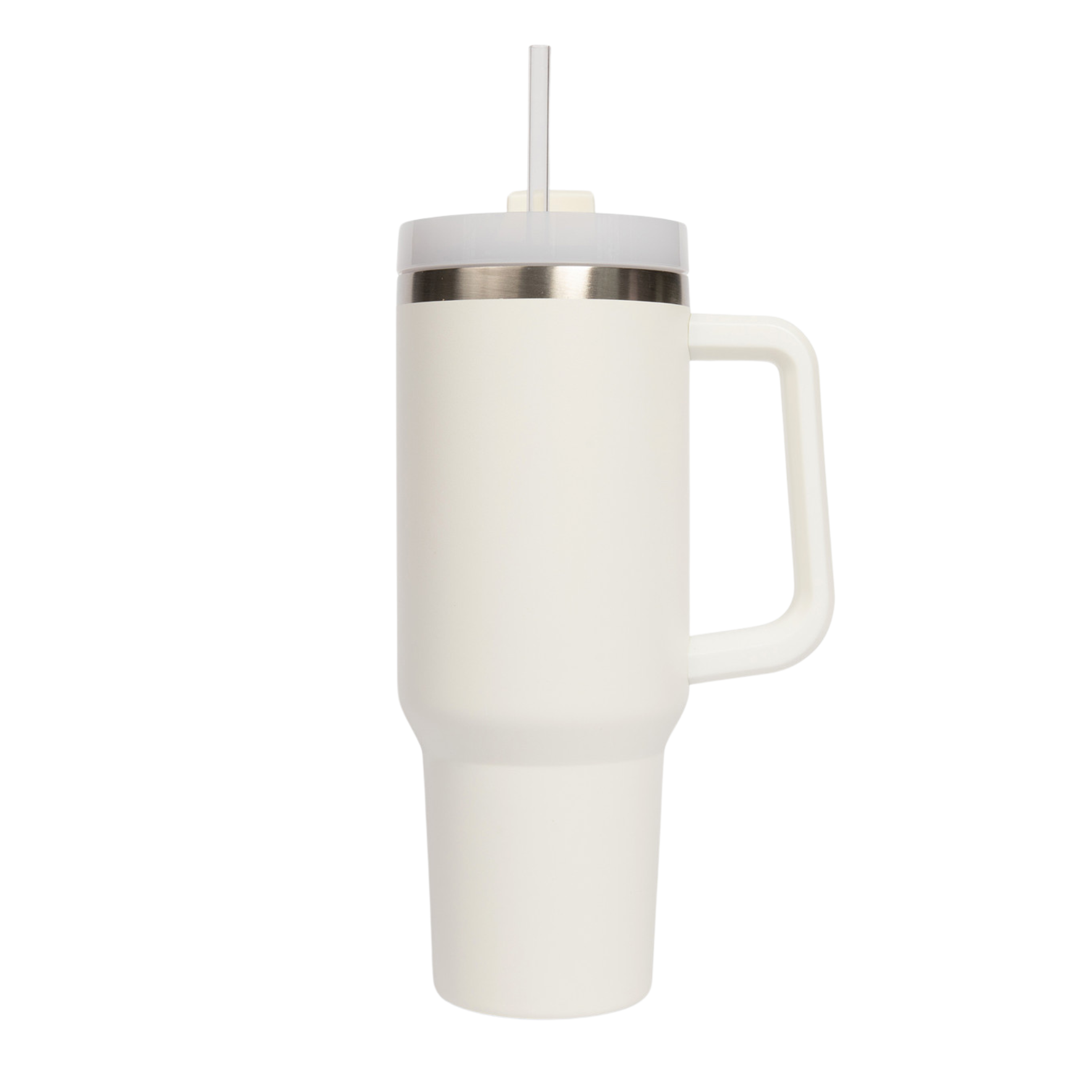 White insulated mug with handle and straw on a white background