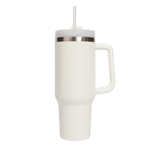White insulated mug with handle and straw on a white background