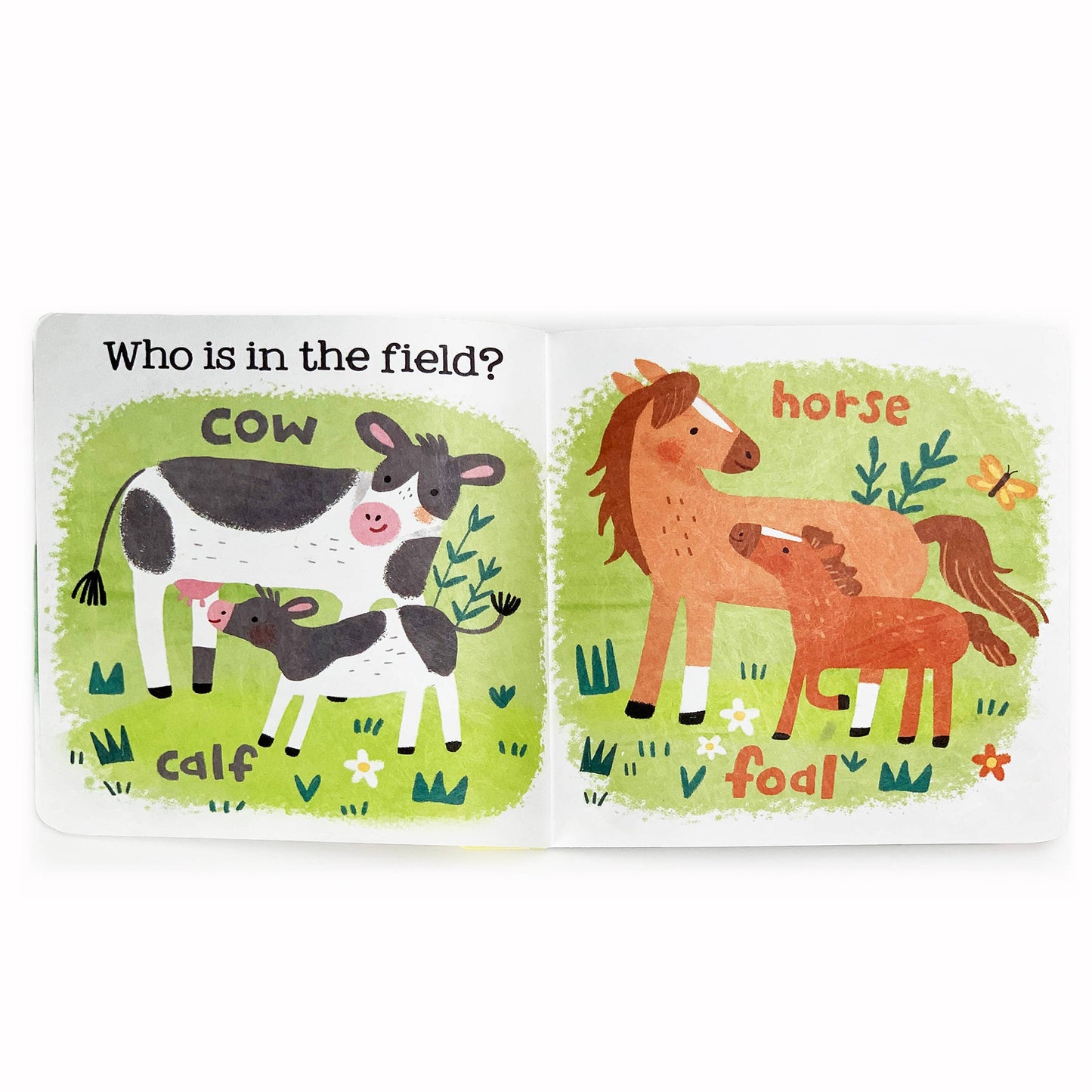 Children's book with illustrations of farm animals on a white background