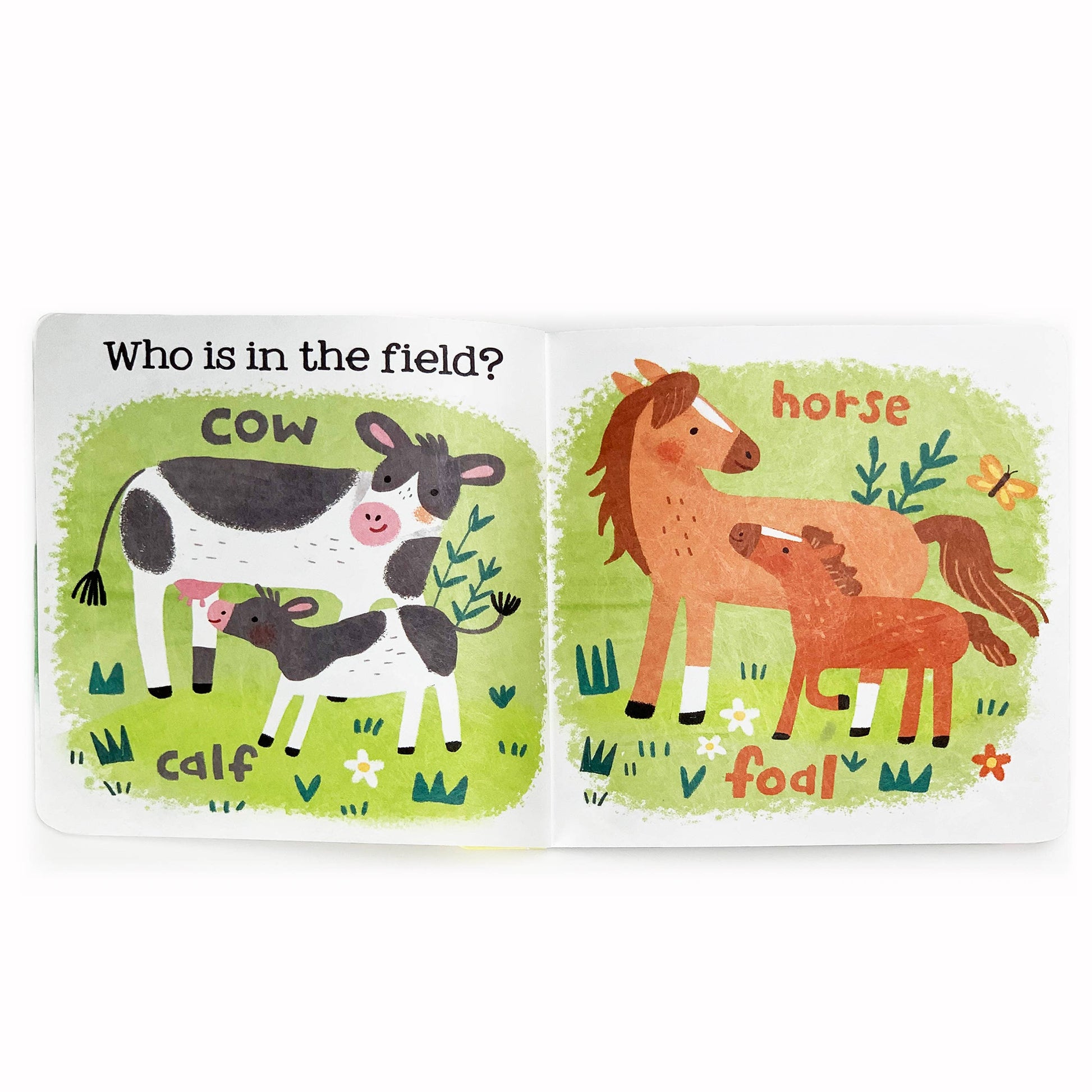 Children's book with illustrations of farm animals on a white background