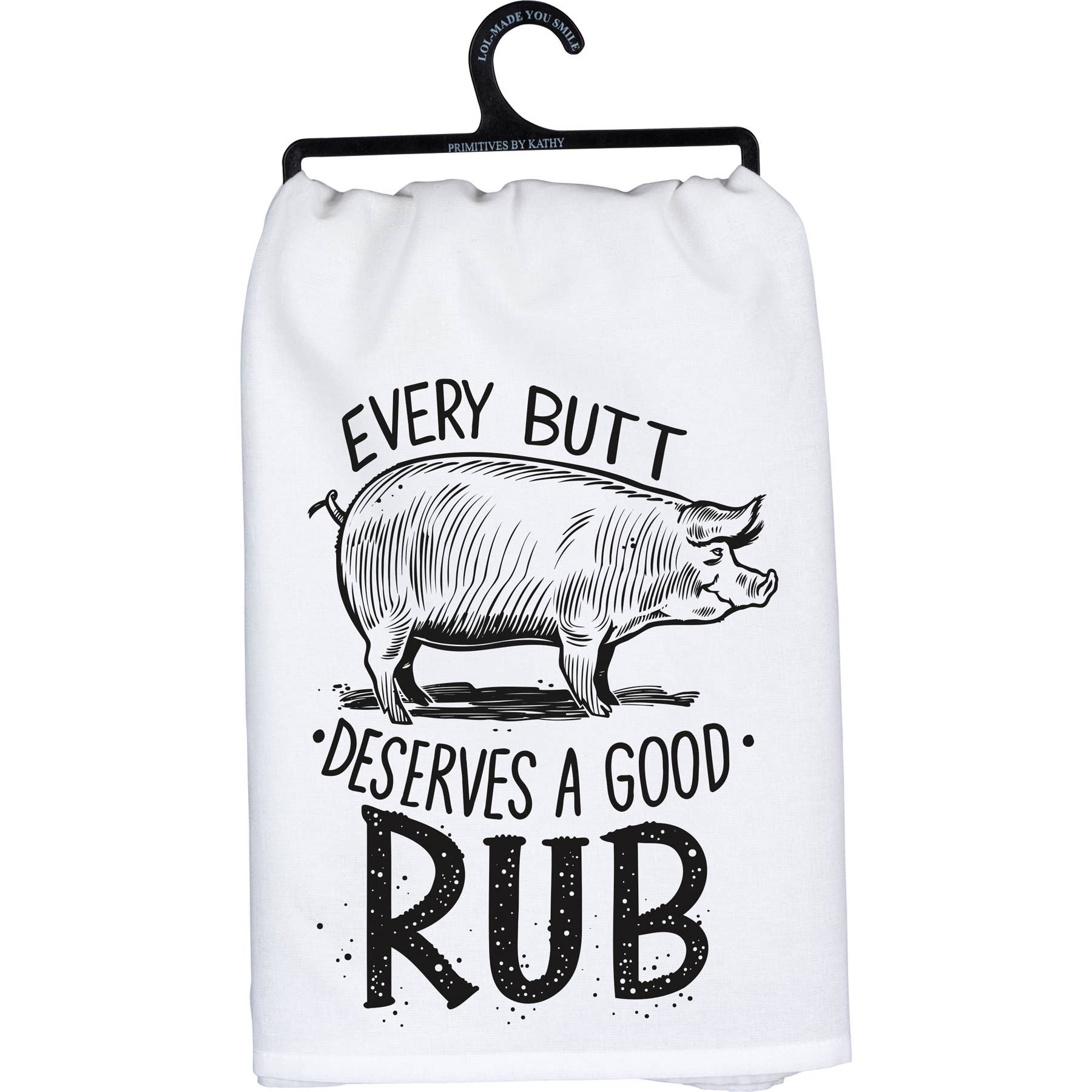 White towel with black pig illustration and text on a hanger