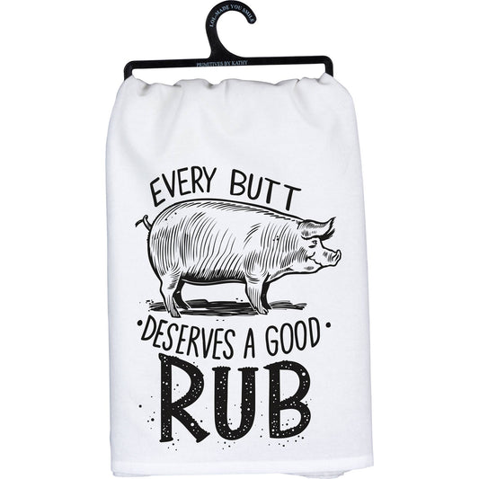 White towel with black pig illustration and text on a hanger