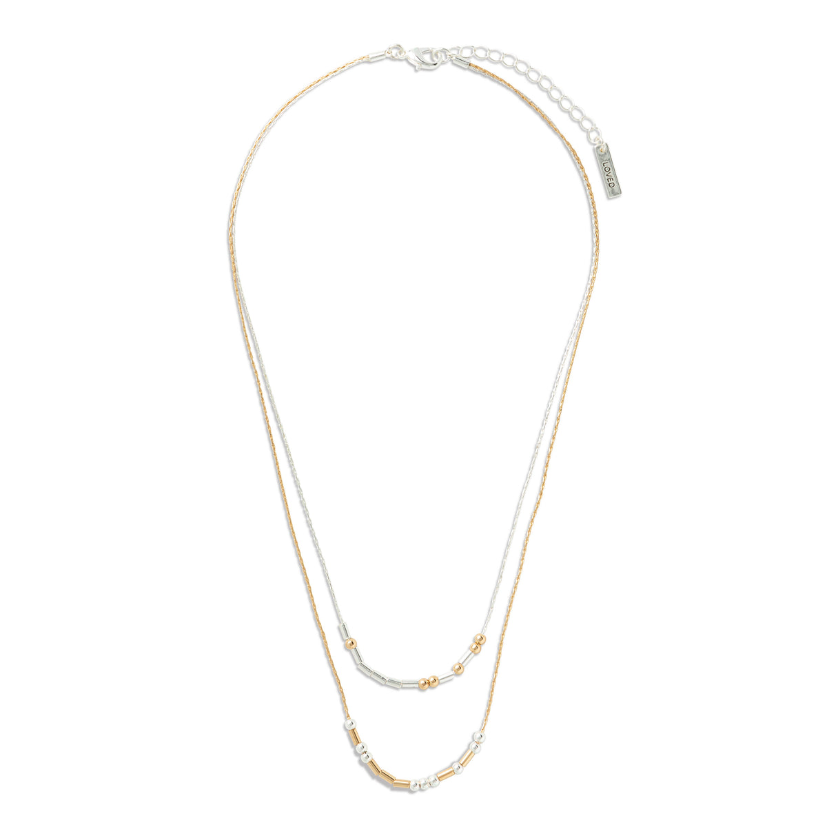 Two gold necklaces on a white background, beads spell out you are loved in morse code