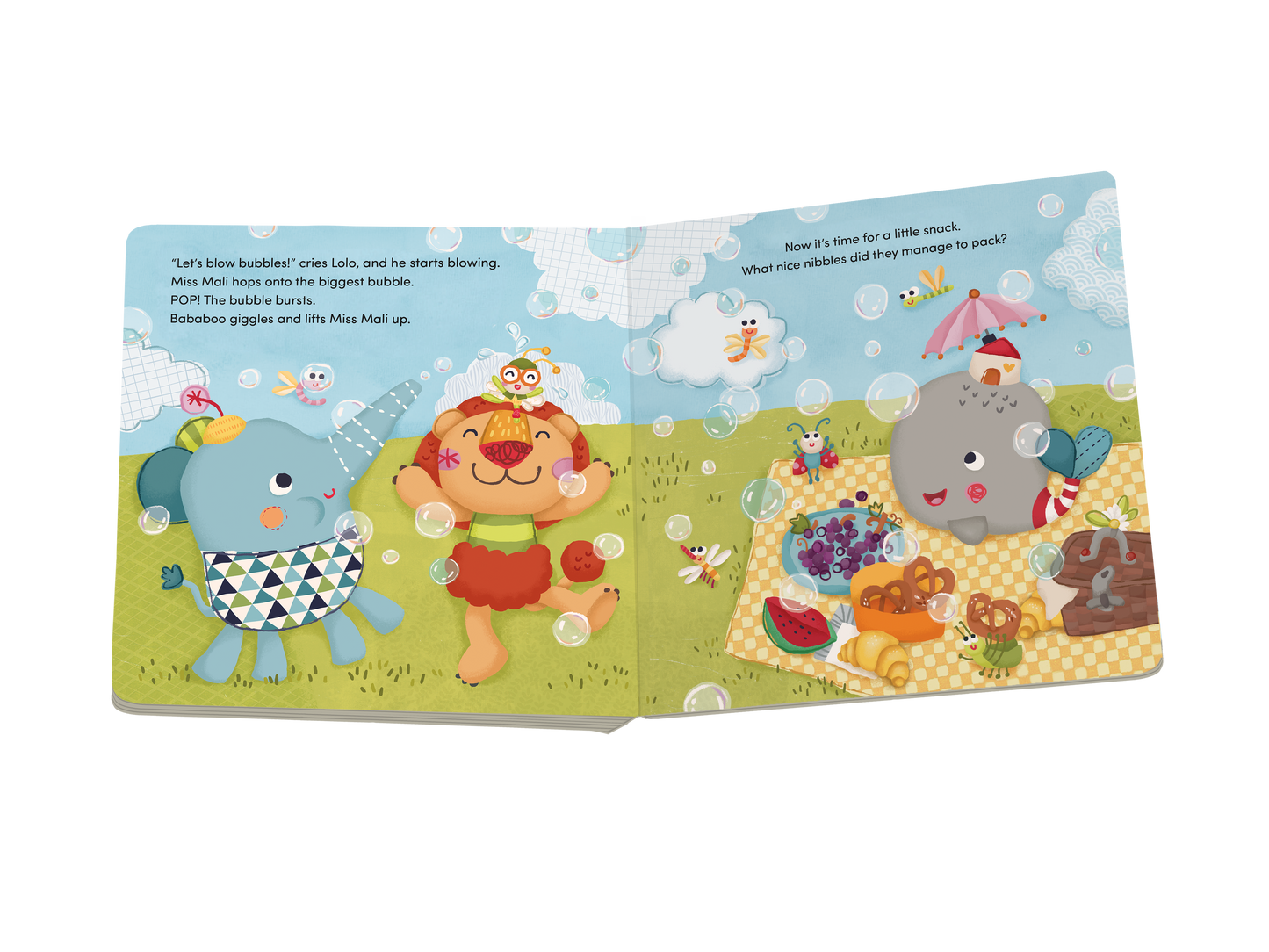 Illustrated children's book open to a page with cartoon animals and bubbles.