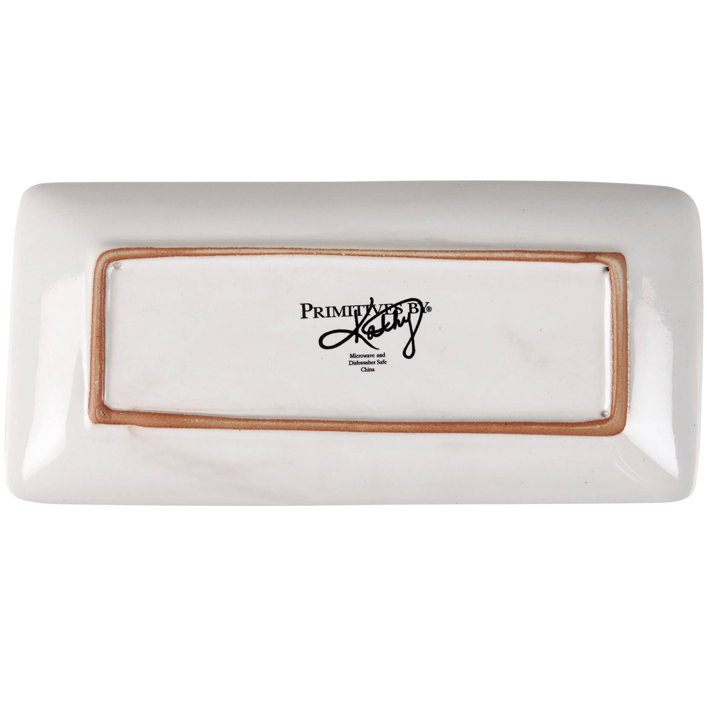 Rectangular white ceramic dish with brown rim and 'Primavera Kitchen' logo on a white background