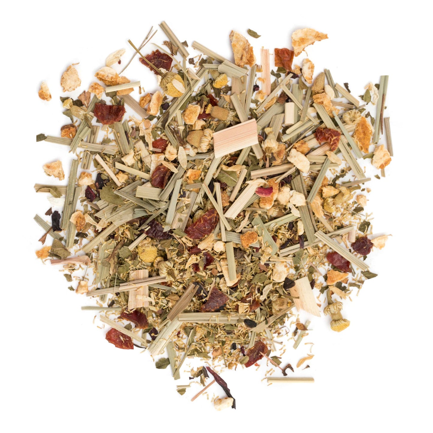 Mixture of dried herbs and spices on a white background