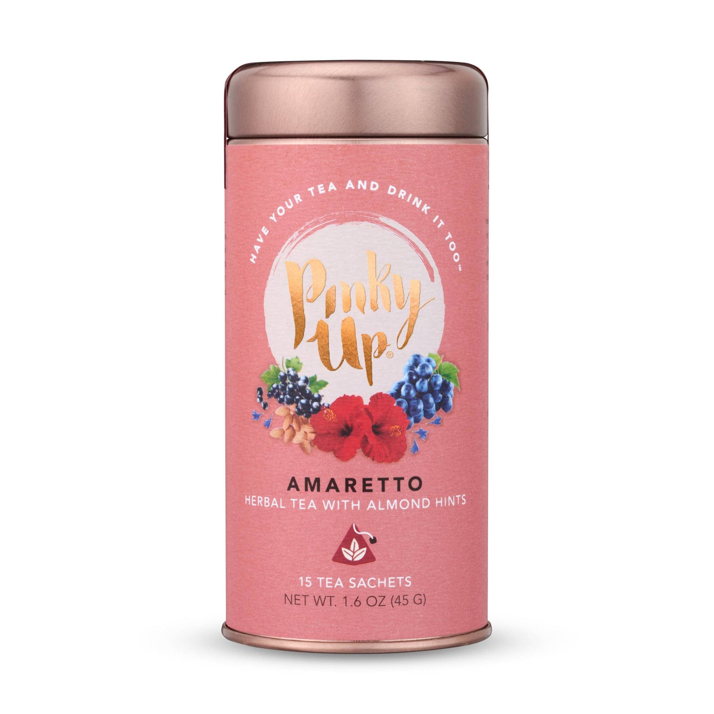 Pink tea canister with 'Pinky Up' branding and amaretto flavor text on a white background