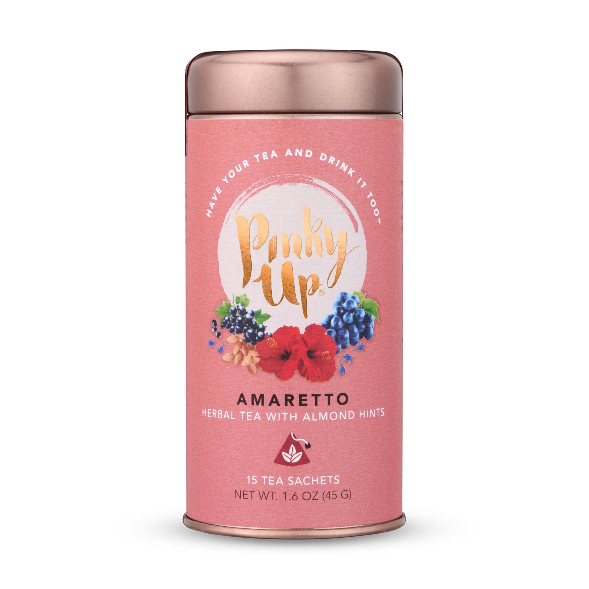 Pink tea canister with 'Pinky Up' branding and amaretto flavor text on a white background