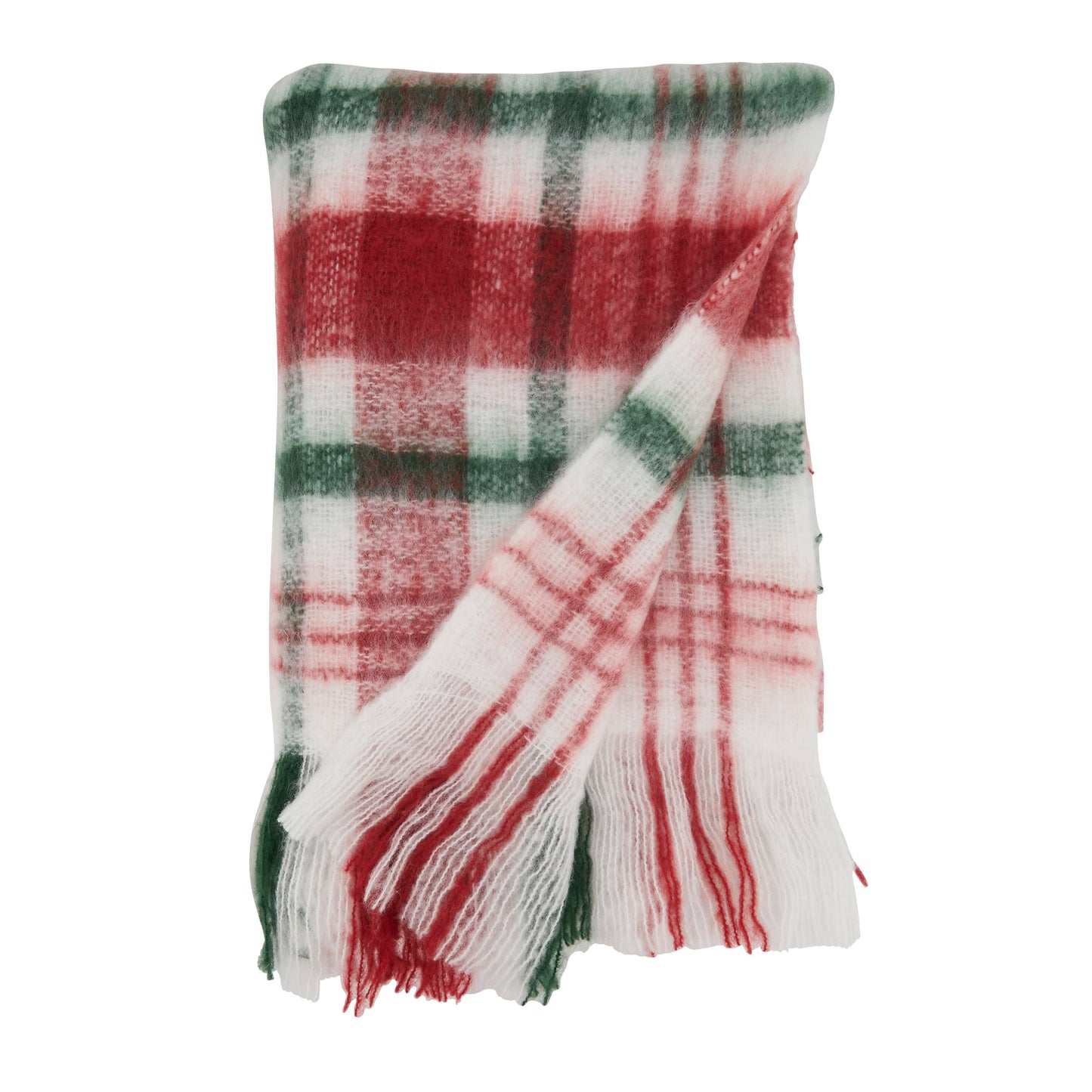 Faux Mohair plaid blanket with red, green, and white colors on a white background