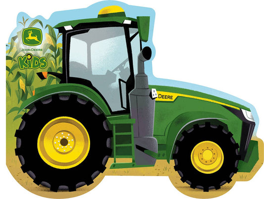 Illustration of a green tractor with yellow wheels on a white background