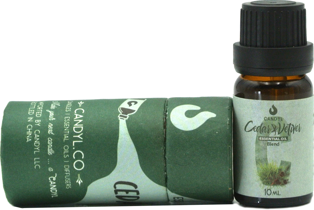 Candyl Co. Cedar & Vetiver essential oil bottle and packaging on a white background