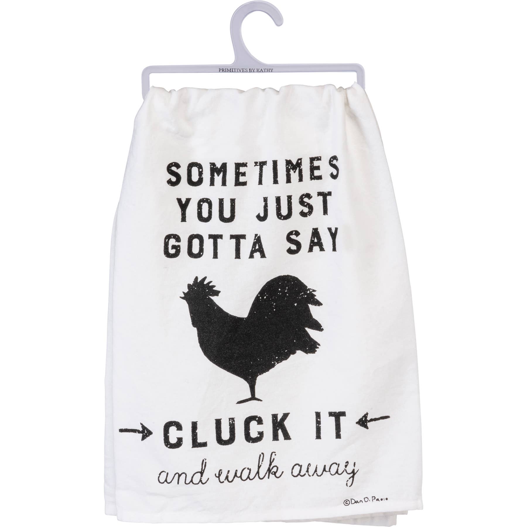 White towel with black text and rooster graphic on a hanger