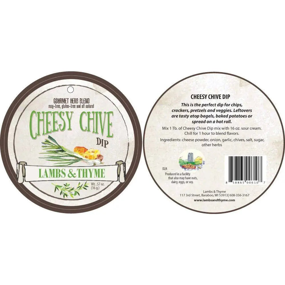 Label for Cheesy Chive Dip by Lambs & Thyme on a white background