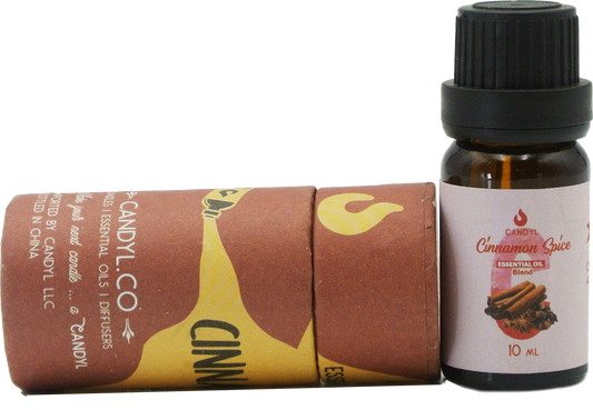 Candyl Co cinnamon spice essential oil bottle and packaging on a white background
